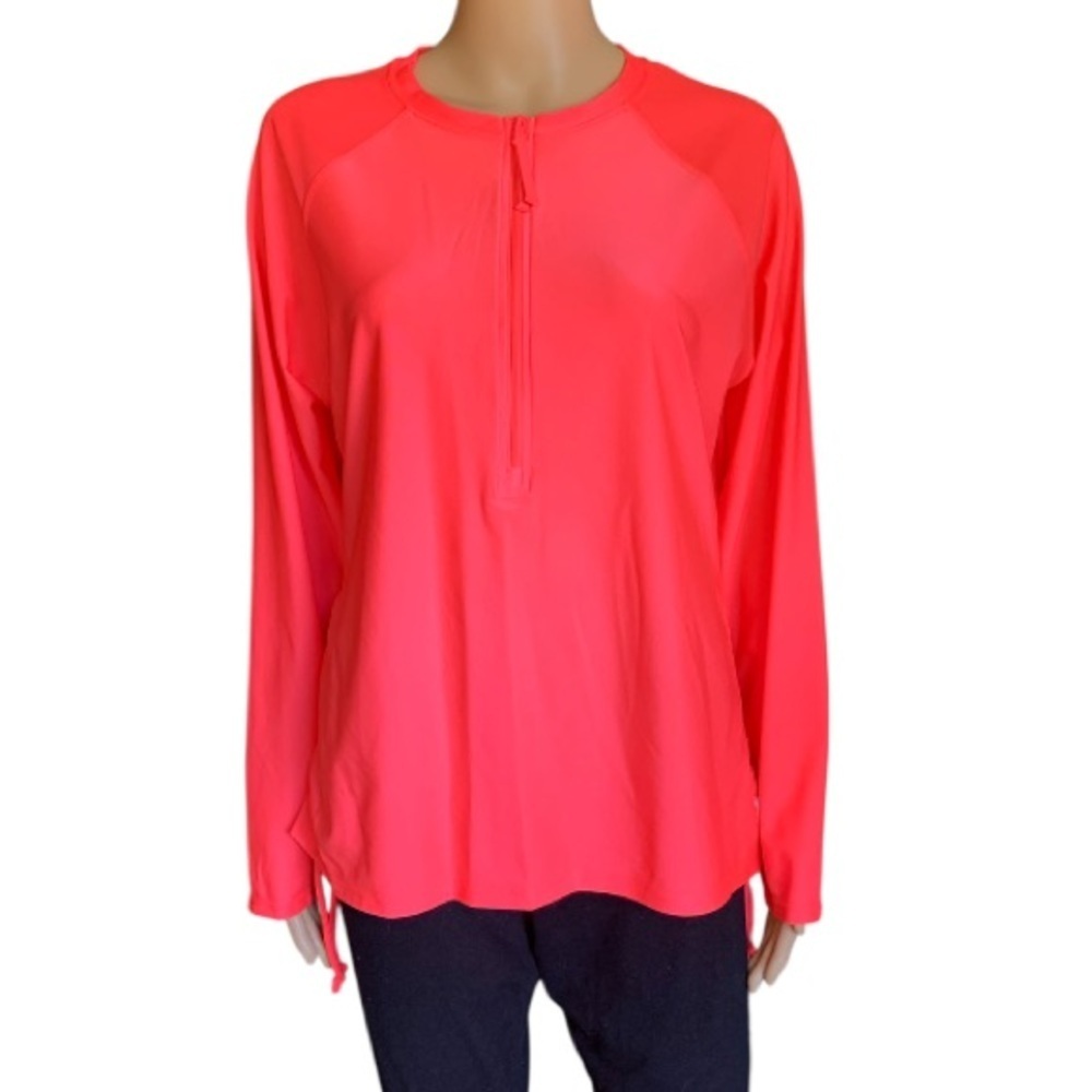 FREE COUNTRY Women’s 1/4 Zip Neon Coral Visibility Rashguard Adjustable Swim Tee